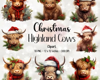 Christmas Highland Cow Clipart Bundle | Cute PNG Graphics (Digital Download)