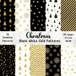 Christmas Black, White & Gold Seamless Patterns | Christmas Pattern | Christmas Background | Scrapbook | Printables | Digital Paper