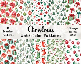 Christmas Watercolor Seamless Patterns: Holiday Digital Paper (JPG Files)