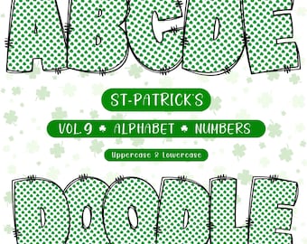 Clipart dell'alfabeto scarabocchiato per il giorno di San Patrizio: lettere, numeri, simboli (download digitale PNG)