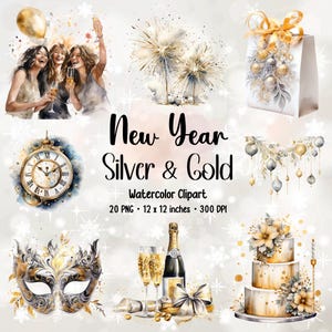 Clipart di Capodanno in argento e oro / Vigilia di Capodanno / Pacchetto clipart / Celebrazione / PNG di Capodanno / Pacchetto PNG / Clipart per feste / Creazione di biglietti