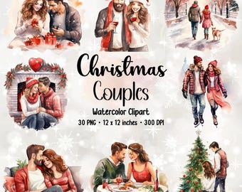 Watercolor Christmas Couples Clipart Bundle (PNG)