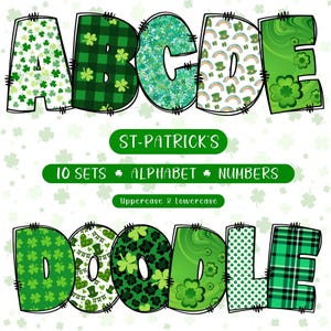 St-Patrick&#39;s Day Doodle Alphabet Clipart: Shamrock Letters (PNG Digital Download)