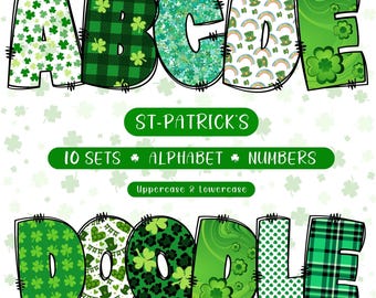 Clipart dell'alfabeto scarabocchiato per il giorno di San Patrizio: lettere di trifoglio (download digitale PNG)