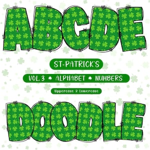 St-Patrick&#39;s Day Shamrock Doodle Alphabet Clipart: PNG Letters, Numbers, Symbols (Digital Download)