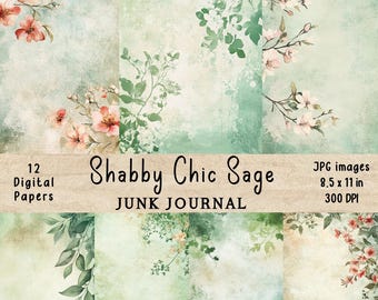 Strony dziennika w kolorze szałwii w stylu shabby chic: akwarelowe kwiaty (plik JPG do pobrania w wersji cyfrowej)
