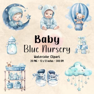Acuarela bebé azul guardería / Acuarela clipart / Paquete de clipart / Clipart de guardería / Clipart de baby shower / Bebé niño / Clipart de bebé