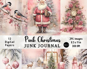 Pink Christmas Junk Journal Pages: Vintage Ephemera (Digital Download)