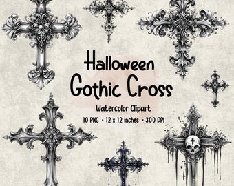 May include: Set of ten black and white watercolor gothic cross illustrations. The crosses are ornate and detailed, with intricate designs. The crosses are perfect for Halloween decorations, scrapbooking, or other crafting projects.