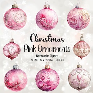 Watercolor Christmas Ornaments Clipart: Pink Bauble PNG Bundle (Digital Download)