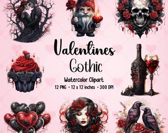 Watercolor Gothic Valentines Clipart Bundle (PNG)