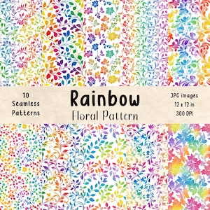 Rainbow Floral Seamless Patterns | Floral Digital Paper | Floral Background | Scrapbook | Rainbow Colors | Flower JPG | Junk Journal