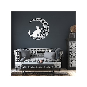 Playful Cat and Moon Metal Wall Art