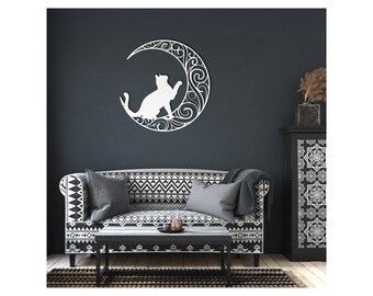 Playful Cat and Moon Metal Wall Art