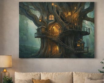 Enchanted Treehouse Canvas Art, Magical Forest Print, Cozy Cottagecore Wall Decor