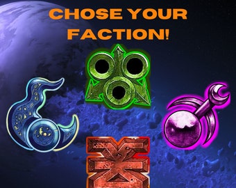 Puede incluir: Una ilustración digital de cuatro símbolos de facción diferentes sobre un fondo espacial azul oscuro con un planeta en la esquina superior izquierda. El texto "CHOSE YOUR FACTION!" está en naranja en la parte superior de la imagen. Los símbolos son una llama azul y plateada, un símbolo verde de tres anillos, un símbolo rojo con una "Z" estilizada y un símbolo morado con una luna creciente y una llave inglesa.