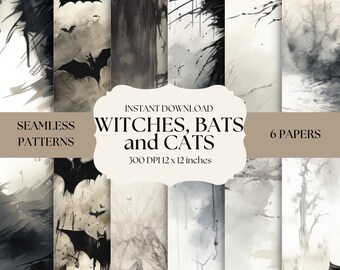 Watercolor Black and Grey Bewitching Digital Paper Set - Bats Cats Witches for Gothic Crafts, Halloween, Scrapbook, Instant Download
