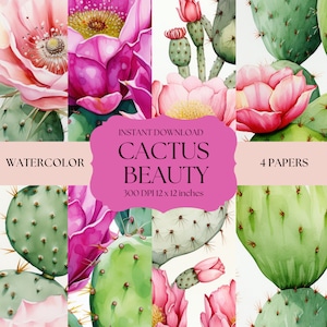 Prickly Pear Seamless Digital Paper, 4 Beautiful Watercolor Designs for DIY Crafts, Great for Crafters & Designers