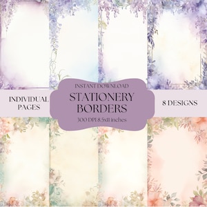 May include: Eight watercolor floral border designs for stationery. Each design features a different floral arrangement with delicate details. The borders are 8.5x11 inches and 300 DPI.