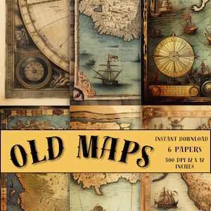 Papel digital con mapas del tesoro pirata para scrapbooking, tarjetas, manualidades, sublimación, arte mural - 6 diseños - 30 x 30 cm - Uso comercial