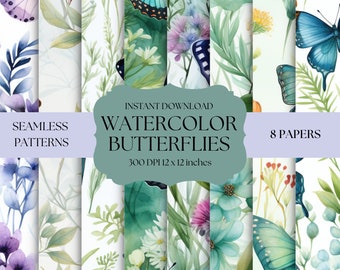 Watercolor Butterfly Digital Paper: Seamless Floral Patterns (12x12in, 8 Designs, Commercial Use) (Digital Download)