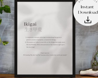 Ikigai Definition Print, Japanese Philosophy Art, Inspirational Digital Poster, Life Purpose Wall Decor, Minimalist Zen Artwork