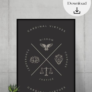 Puede incluir: Póster imprimible en blanco y negro con el texto "Cardinal Virtues" en la parte superior e inferior. El póster presenta cuatro virtudes: Sabiduría, Templanza, Justicia y Valentía, cada una representada por un icono y texto.