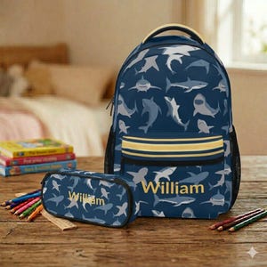 Shark Backpack Pencil Case Set Boy School Bag Custom Name Toddler Backpack Ocean Bookbag Set Cute Sharks Daypack Kids Boys Birthday Gift
