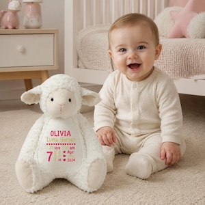 Ogłoszenie o narodzinach pluszowego zwierzęcia, baranka, spersonalizowany prezent na baby shower, pamiątka, spersonalizowany wystrój pokoju dziecięcego, biała pluszowa owca, spersonalizowane prezenty