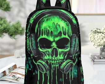Green Dripping Skull Backpack Headphone Art Gothic School Bag Emo Teen Student Gift Rave EDM Music Bookbag PU Leather Unique Laptop Bag