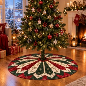 May include: A circular Christmas tree skirt featuring a geometric star pattern in red, dark green, and cream. The fabric displays printed snowflake motifs, pine sprigs, and holly berries, with a central opening for the tree trunk.