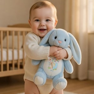 Può includere: Un bambino tiene in braccio un coniglietto di peluche azzurro con lunghe orecchie. Il coniglietto ha un naso rosa e un disegno ricamato colorato sulla pancia. Il testo "My First Easter 2016" è visibile sul coniglietto.