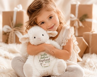 Tauflamm Plüsch Taufgeschenk Erstkommunion Schaf Kuscheltier Greenery Kreuz Plushie Angst Relief Stofftier individuelles Patenkind Geschenk