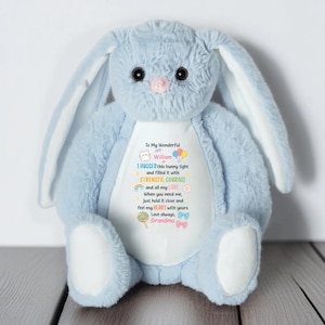 Op de afbeelding: Een lichtblauw pluchen konijn met lange oren en een roze neus. Het konijn heeft een witte buik met de tekst "To My Wonderful William, I hugged this bunny tight...Love always, Grandma."