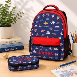 Vehicle Backpack Pencil Case Set Car School Bag Custom Name Toddler Backpack Transportation Bookbag Set Cute Boys Daypack Kids Birthday Gift