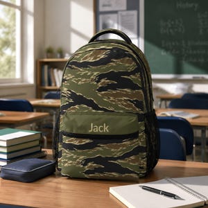 Może przedstawiać: Plecak z wzorem moro w zielone, brązowe i czarne tygrysie paski. Na przedniej kieszeni widnieje imię Jack jasnymi literami. Plecak posiada górny uchwyt, czarne zamki błyskawiczne oraz czarne boczne kieszenie z siatki do przechowywania.
