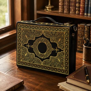 May include: A rectangular black briefcase featuring an intricate gold filigree pattern on the front panel. The design includes a central circular motif surrounded by ornate floral and geometric details, a black top handle, and a metal side attachment.