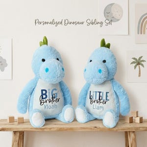 Op de afbeelding: Twee lichtblauwe pluche dinosaurusknuffels met groene stekels op hun kop en witte buiken. De linker dinosaurus heeft de tekst Big brother Noah en de rechter dinosaurus heeft de tekst Little brother Liam in blauwe en zwarte letters.