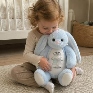 Kleine Umarmung vom Himmel Häschen, Gedenkgeschenk für Kinder, kundenspezifisches gefülltes Tier mit Namen, Sympathie-Andenken, Trauergeschenk, blaues Plüsch-Kaninchenspielzeug