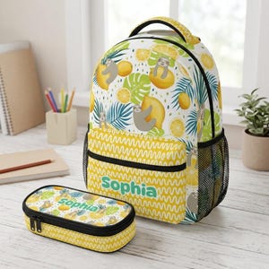 Mochila de perezoso, linda mochila escolar, mochila personalizada con nombre, mochila de limón tropical, mochila para portátil, mochila para niños, mochila de viaje, regalo personalizado para ella.