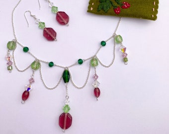 strawberry themed glass bead necklace and earrings set