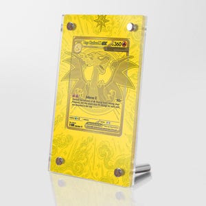 Può includere: Una cornice espositiva rettangolare in acrilico trasparente contenente una carta collezionabile Mega Charizard X EX color oro. La cornice presenta quattro bulloni angolari in metallo argentato e un supporto cilindrico in metallo.