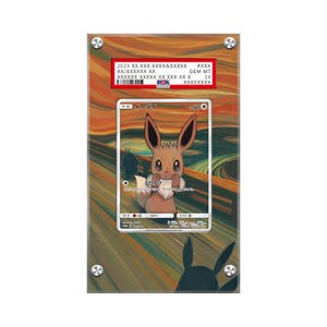Peut inclure: Une carte Pokémon classée mettant en scène Évoli dans une œuvre d'art inspirée du Cri. La carte est enfermée dans un protège-carte en plastique avec une étiquette de classement PSA Gem Mint 10. La carte est une version japonaise avec le texte "イーブイ" et "さけび".