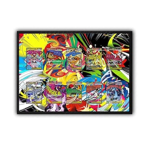 Puede incluir: Una pieza de arte mural rectangular enmarcada que presenta diez tarjetas coleccionables coloridas dispuestas en dos filas sobre un fondo abstracto vibrante con patrones en espiral en amarillo, rojo, verde y negro. Cada tarjeta muestra ilustraciones de personajes únicas y texto en negrita.