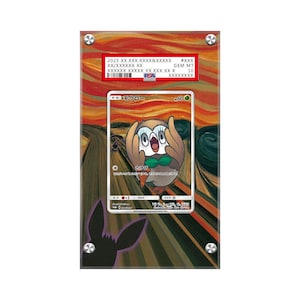 Peut inclure: Une carte de jeu de commerce Pokemon classée mettant en scène un Pokemon hibou brun et vert appelé Brindibou. La carte est enfermée dans un étui en plastique transparent avec une étiquette rouge et blanche qui indique "PSA 10 GEM MT". La carte est placée sur un fond de peinture qui ressemble à "Le Cri" d'Edvard Munch.