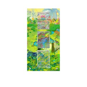 Könnte beinhalten: Drei Pokémon-Sammelkarten, die vertikal vor einem Dschungel-Hintergrund angezeigt werden. Die Karten zeigen farbenfrohe Illustrationen von Pokémon-Charakteren. Der Hintergrund ist ein leuchtendes Grün mit verschiedenen Pflanzen- und Baumdesigns.