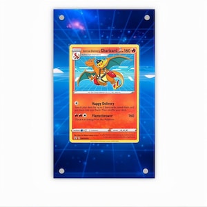 May include: A Special Delivery Charizard trading card featuring Charizard carrying Pikachu in a mail bag, displayed in a clear protective case against a blue grid background with four silver corner screws for mounting on a wall.