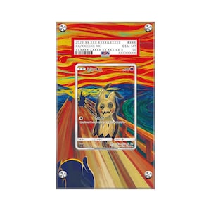 Peut inclure: Une carte à jouer Pokemon représentant Mimikyu, un Pokemon de type spectre, dans un style artistique abstrait et coloré rappelant Le Cri d'Edvard Munch. La carte est classée GEM MT 10 par PSA.