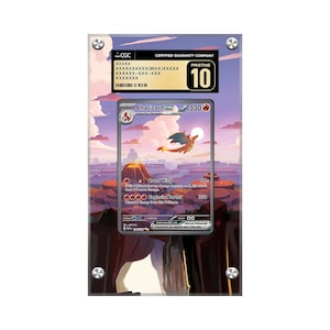 May include: A graded Pokemon trading card featuring Charizard, a fire-type Pokemon, with a background of a volcano and a sunset. The card is graded a 10 by CGC, a certified guaranty company.