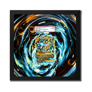 May include: A framed collectible trading card featuring a M Charizard EX illustration, encased in a PSA slab with a label reading 2023 POKEMON MEW EV BLASTOISE EX SPECIAL ILLUSTRATION RARE GEM MT 10. The card is set against a swirling blue and orange background.